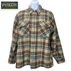 Pendleton Women Large Vintage 80s 100% Virgin Wool‎ Brown Plaid Button-Up Shirt